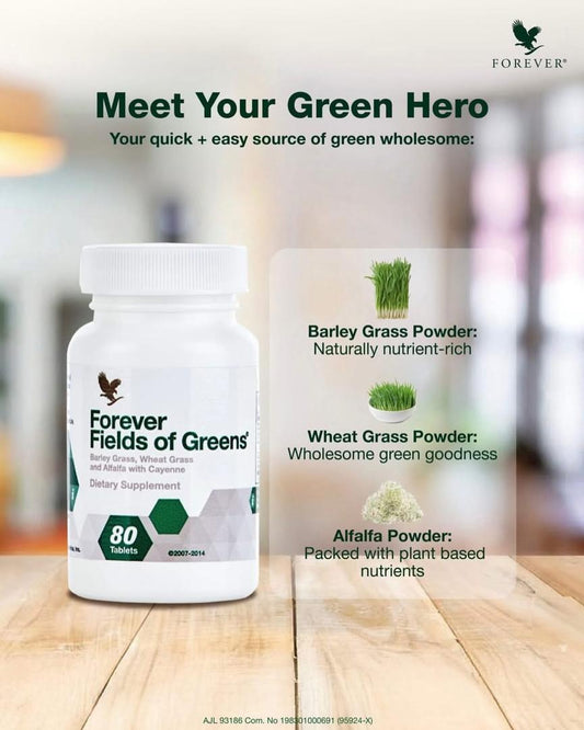 Forever Fields of Greens® is a nutrient-rich green superfood blend with barley grass, wheatgrass, and alfalfa that supports digestion, circulation, immune function, and daily energy. Vegetarian-friendly and easy to use.
