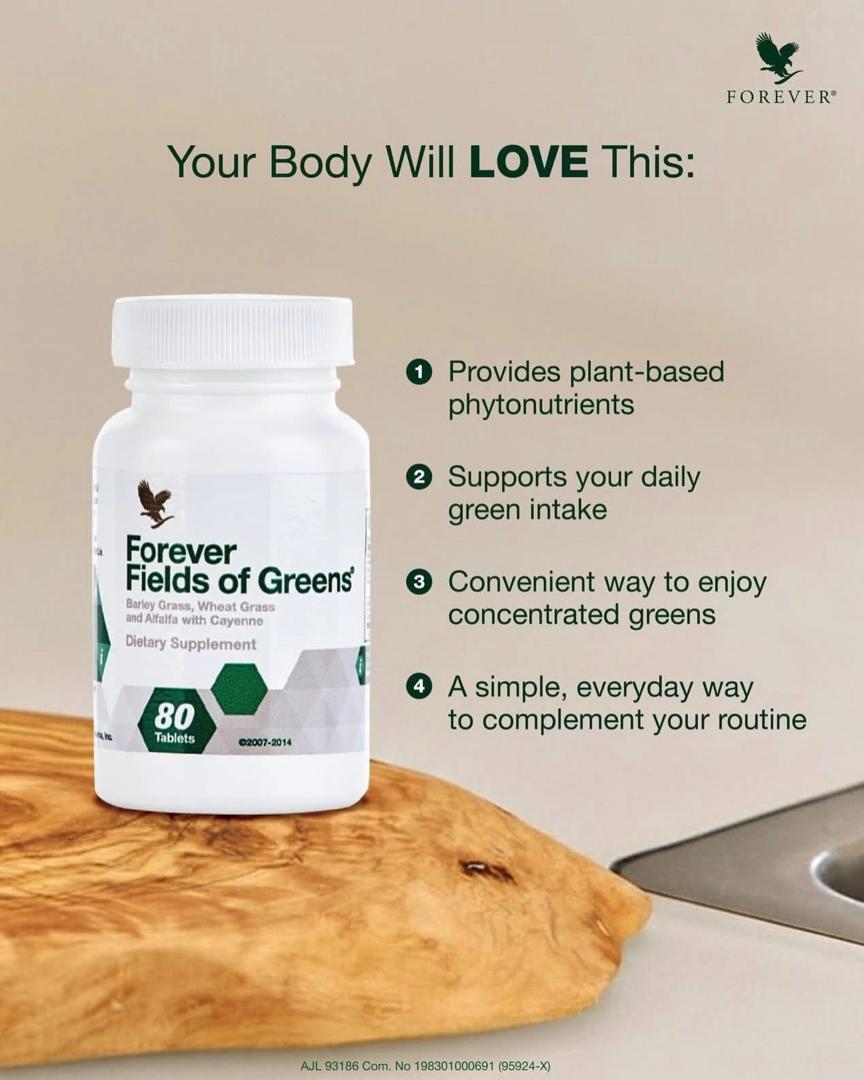 Forever Fields of Greens® is a nutrient-rich green superfood blend with barley grass, wheatgrass, and alfalfa that supports digestion, circulation, immune function, and daily energy. Vegetarian-friendly and easy to use.